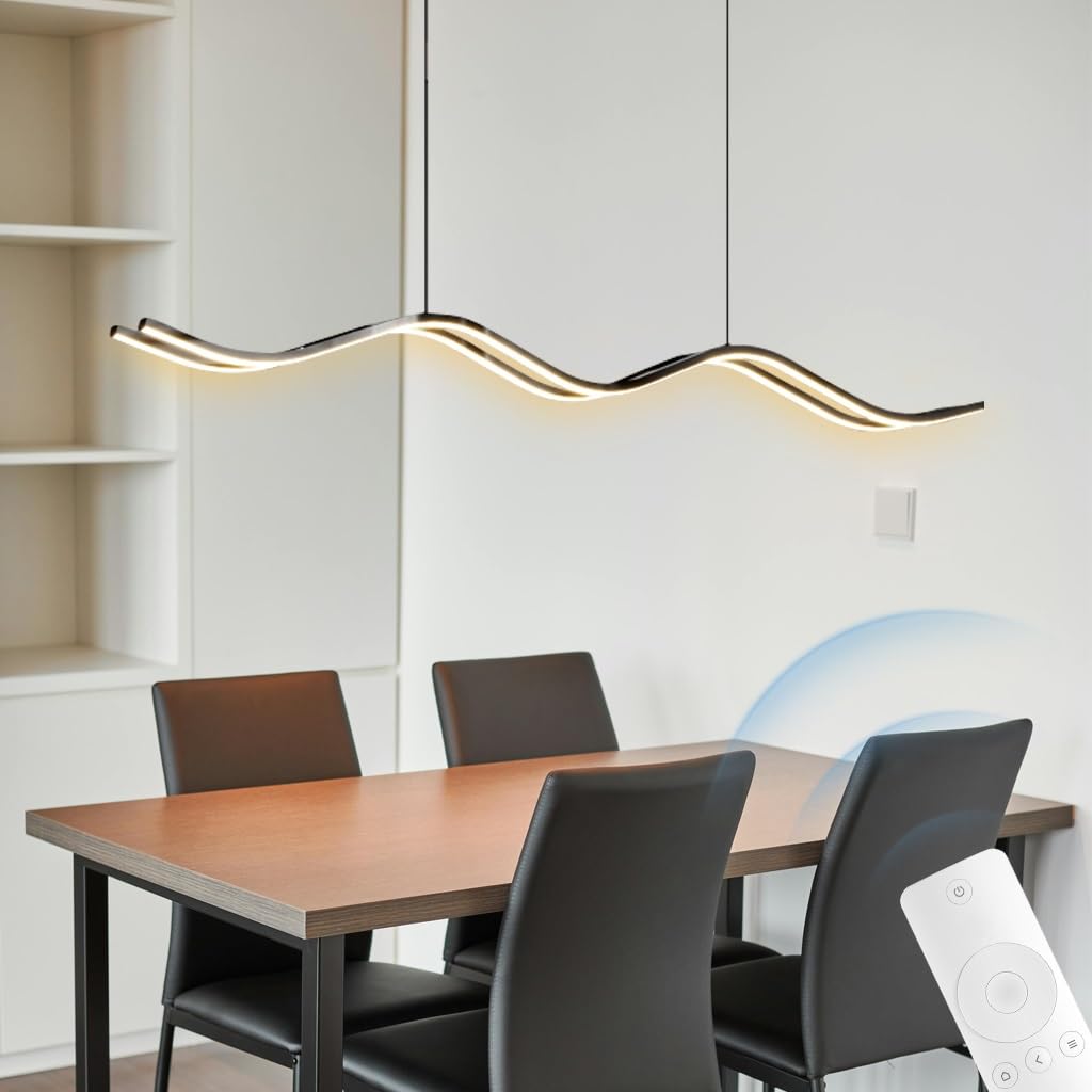 Lámpara lineal LED colgante regulable de diseño moderno en ola negra para comedor