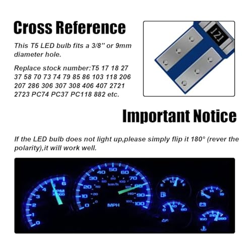 Image of GLSOWEE T5 LED Bulbs, 74 73 37 2721 LED Bulb 12 Volt Replacement, Blue | 3030 SMD Bright Canbus Error-Free, Fit for Auto Car Gauge Cluster Dashboard Light Bulb Instrument Panel Indicator Lights Lamp
