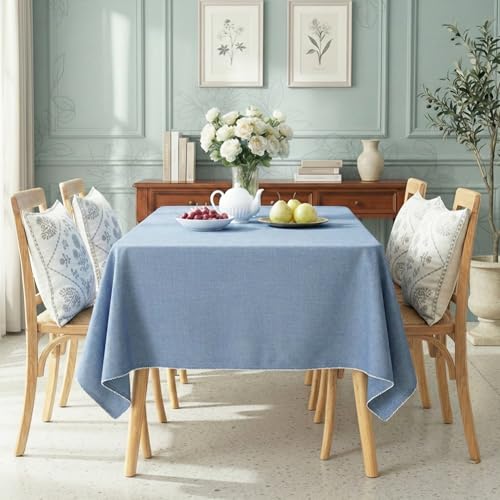 Image of Cotton Tablecloth, Edge Trim, Ocean Blue, 60 x 75 in | Heavyweight chambray cotton, embroidered edge trim, 4-seater rectangle, machine washable, everyday dining and hosting