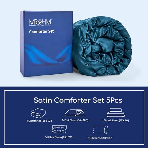MR&HM Satin Comforter Twin XL 5 Pieces - Luxurious Pinch Pleat Bedding Set with Comforter, Flat Sheet, Fitted Sheet, Pillowcase & Sham, Super Silky Soft Bed Set for All Season (Twin XL, Teal)