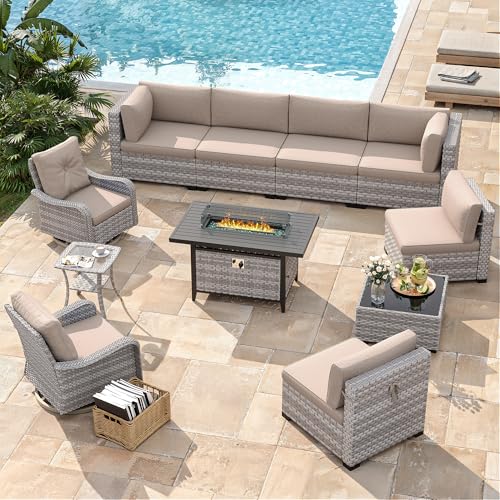 8-Seat Outdoor Wicker Patio Furniture Set with Fire Pit Table, Modular Rattan Sectional Sofa & 2 Swivel Rocking Chairs, 4" Thick Cushions, Rust-Resistant Frame,Beige - Image 4
