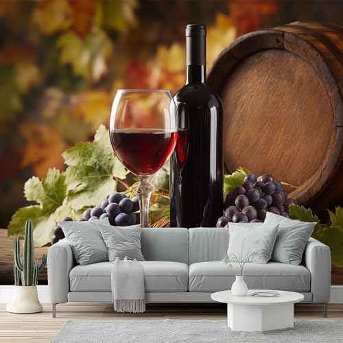Papel Pintado Murales Decorativos Pared 3D Fotografía Barril De Madera Copa De Vino Uvas Fotomurales No Tejido, 250 x 175 cm Papel de Pared, para Comedores Salones Habitaciones Fondo de TV, Marrón
