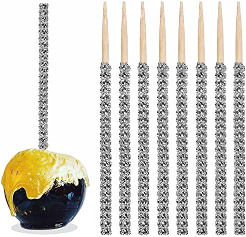 36 PCS MULTIONS Candy Apple Sticks, 6 inch Rhinestone Caramel Apple Bamboo Sticks Wooden Pointed Skewers for Dessert Table Tea Party Birthday Wedding Buffet (Sliver)