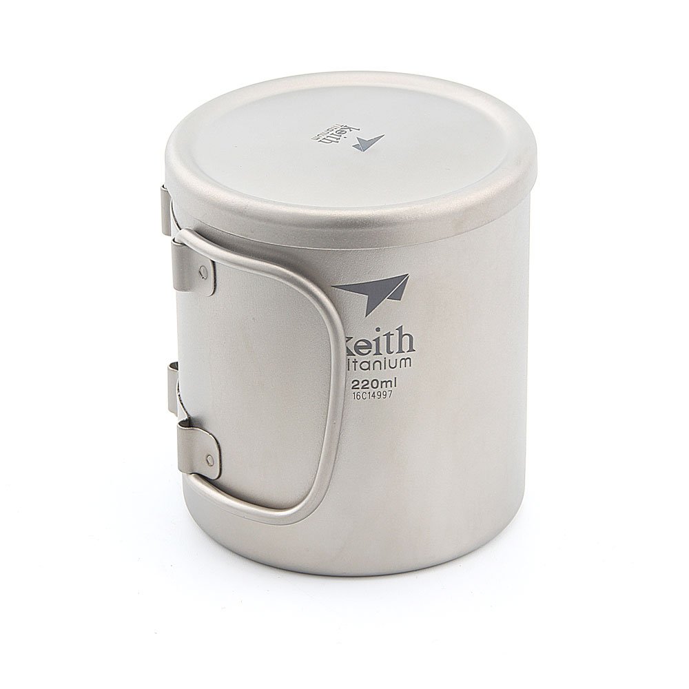 Boundless Voyage Ti3032D Titanium Beker, 4-in-1, mini-geïsoleerde dubbelwandige beker, outdoor, camping, opvouwbaar, koffie-/thee-drinkservies, licht, duurzaam servies voor dagelijks gebruik wandelen