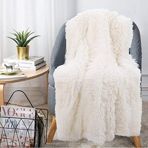 HOOM Plaid blanc à poils longs - Aspect fourrure - 160 x 130 cm - Couverture de canapé en microfibre - Couverture de climatisation pour canapé, lit et salon - 50 x 65 pouces - Blanc Cover