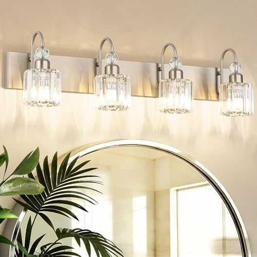 Image of Ralbay 4-Light Crystal Vanity Light for Bathroom Brushed Nickel Modern Bathroom Light Fixtures