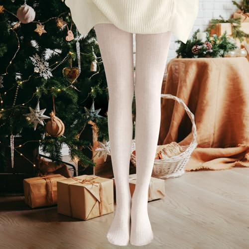 Cable Knit High Elastic Waist Twisted Striped Cotton Thick Tights - Warm Autumn Winter Tights for Women, Oatmeal White2