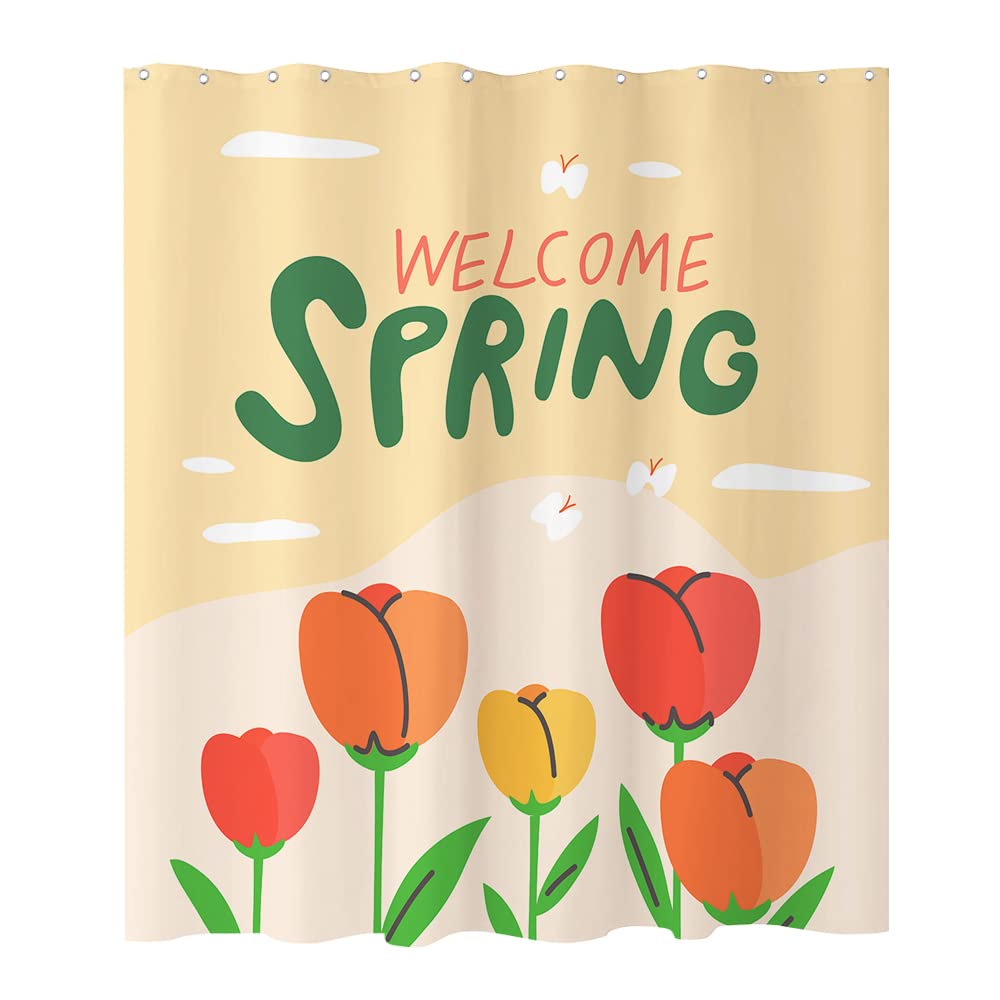 Yuyouqu Spring Floral Shower Curtain Butterfly Blooming Flower Theme Fabric Shower Curtain Bathroom Decor Sets with Grommets and Hooks 72 x 72 Inch Beige Red