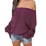 EXLURA Women's Off Shoulder Batwing Sleeve Loose Oversized Pullover Sweater Knit Jumper - Purple,...