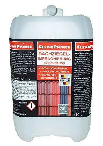 CleanPrince 10 Liter Dachziegelimprägnierung Dachziegel-Imprägnierung Dachversiegelung Dachimprägnierung lösemittelfrei Versiegelung Schutz Ziegel Dachziegelschutz Schutzanstrich Schutz vor Witterung Algen Moos Grünspan Wasserflecken Grünbelag, mit Antihaft-Schutzschild,Hightech Oberflächenschutz mit Lotuseffekt, ohne Lösemittel, Ergiebigkeit: 25-30 m² je Liter Imprägnierung
