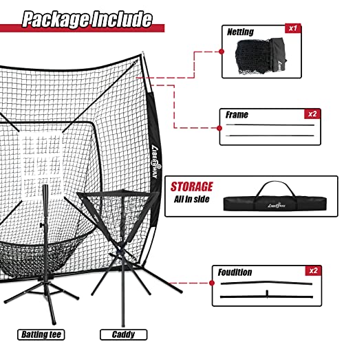 Baseball Net Set LIBERRWAY 7x7 ft Softball and Batting Net with 12 Count Baseballs, Adjustable Batting Tee & Caddy, Strike Zone, Baseball Hitting Practice Net for Adult Sport Youth Baseball Backyard
