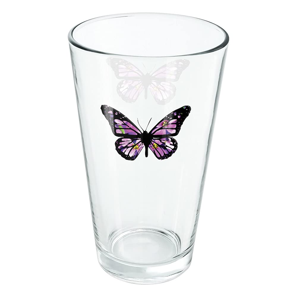 LOGOVISION Butterfly With Flowers 16 oz Pint Glass, Tempered Glass, Printed Design & A Perfect Fan Gift | Great for Cold Beverages, Soda, Water