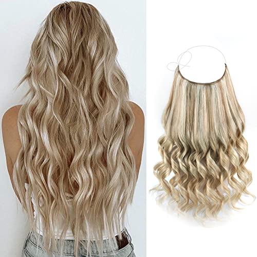 ABH AMAZINGBEAUTY HAIR Halo Hair Extensions Real Human Hair 20 Inch, Ash Brown with Platinum Blonde Highlights P8-60, 120 Gram