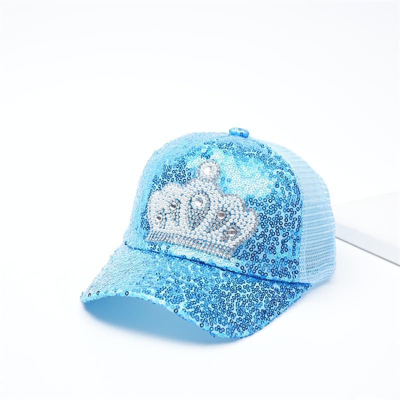 Sparkling Princess Hat Crown Sequin Mesh Baseball Cap Breathable and Adjustable Summer Sun Hat for Outdoor Play and Sun Protection Sky Blue