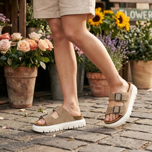Image of ZURIN Genuine Leather Sandals for Women,Cork Footbed Slide Platform Sandals with Arch Support, Suede Double Buckle Slip On Slides for Summer Beach Walking Indoor Outdoor