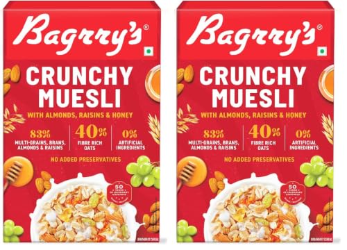 Image of Bagrry's Crunchy Muesli - 200g | 83% Multigrain, Brans, Almonds, Raisins & Honey | 40% Fibre Rich Oats | High Fibre and Protein Breakfast Cereal | No Added Preservatives | Non-GMO Oats | 100% Natural | Trans Fat & Cholesterol Free