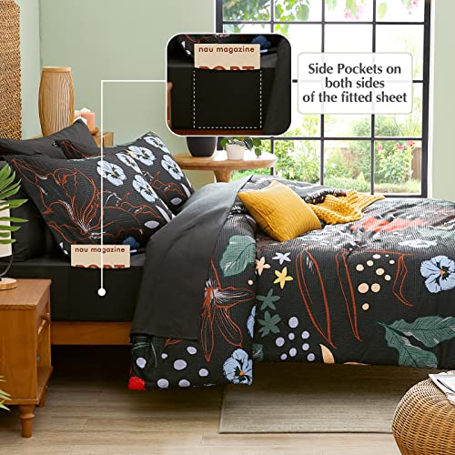 CASAAGUSTO Full Comforter Set, 7 PCS Black Floral Comforter Set with Flowers Leaves Pattern, Soft Seersucker Design All Season Full Size Bedding Set (80"X90")