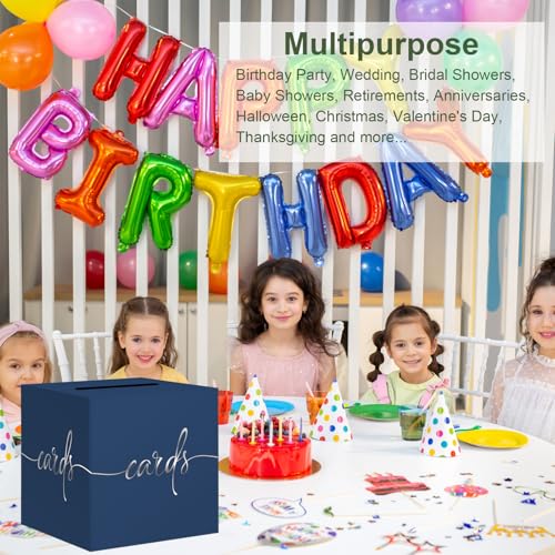 Image of Navy Blue Card Box with Silver Foil Design, Paperboard 8.7 inch Card Box for Birthday Wedding Party Graduation Retirement Anniversary Valentine's Day & Baby Showers, Raffle or Money Box
