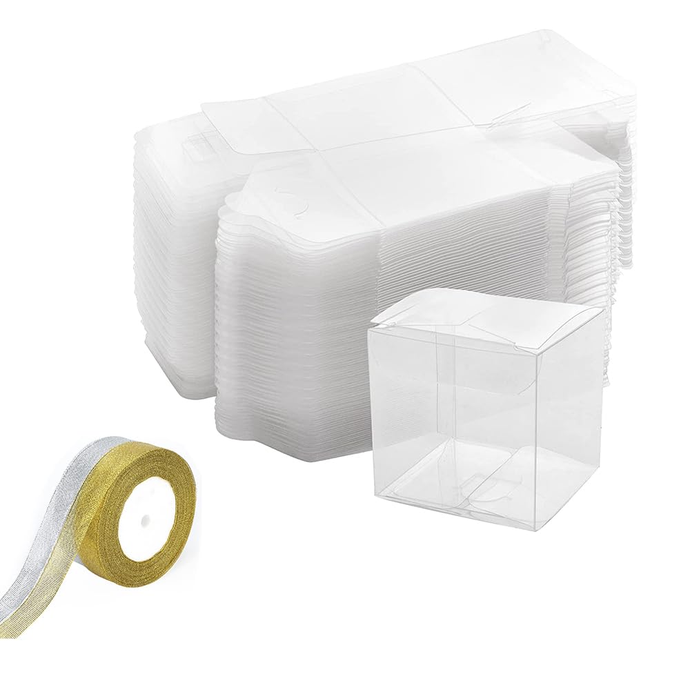 50-PACK PET Boxes Transparent Favour Boxes Cube Gift Boxes with Gift Ribbon for Wedding Party Baby Shower Favors Treat Candy Chocolate 5x5x5cm