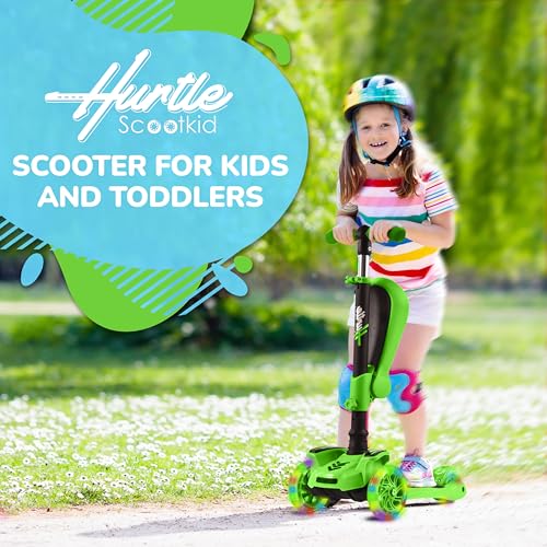 Image of Hurtle 3-Wheeled Scooter for Kids - Wheel LED Lights, Adjustable Lean-to-Steer Handlebar, and Foldable Seat - Sit or Stand Ride with Brake for Boys and Girls Ages 1-14 Years Old