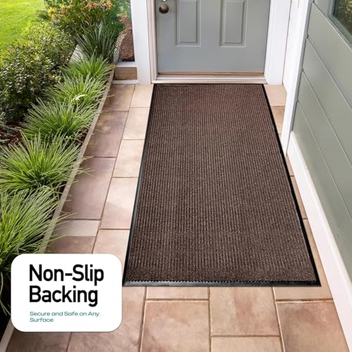 Image of Durable Rubber Door Mat - Heavy Duty, Indoor /Outdoor, Easy Clean, Waterproof, Low-Profile Mat for Entry, Patio, Garage - Stylish (Brown, 2 x 3 Feet)