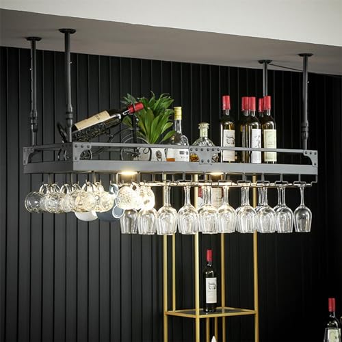 HDDNMLOH Adjustable Height European Style Metal Ceiling Wine Bottle Rack for Living Room Bookshelf and Restaurant Storage Wrought Iron Hanging Wine Rack with 1 Layer (B100 * 35cm)