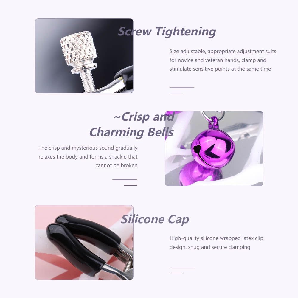 2Pcs Nipple Clamps BDSM Nipple Toys, Adjustable Metal Nipple Clips, Non-Piercing Nipple Rings Stainless Steel Clamp with Purple Bells, Breast Flirting Stimulation Adult Sex Toy for Women Couples