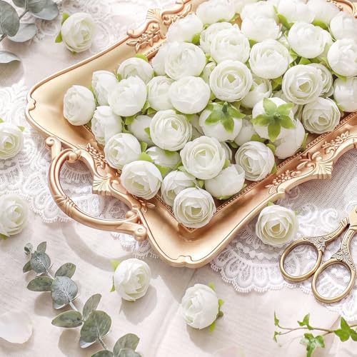 Rivvlive 100pcs Mini Artificial Flower Heads, 3.5cm Faux Silk Ranunculus Rose Buds, Bulk Flowers for DIY Bouquets, Wedding Centerpieces, Floral Arrangements, Home Decor Craft(White)