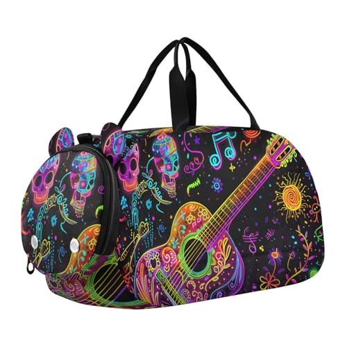 Duffle Bag Kids Gym Bag with Shoes Compartment & Wet Separation Overnight Travel Bag Guitar Note Singing Musical Scene for Girl Boy