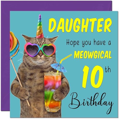 10th Daughter Birthday Card - Meowgical Cat Funny Birthday Card for 10 Year old Kids ten, tenth