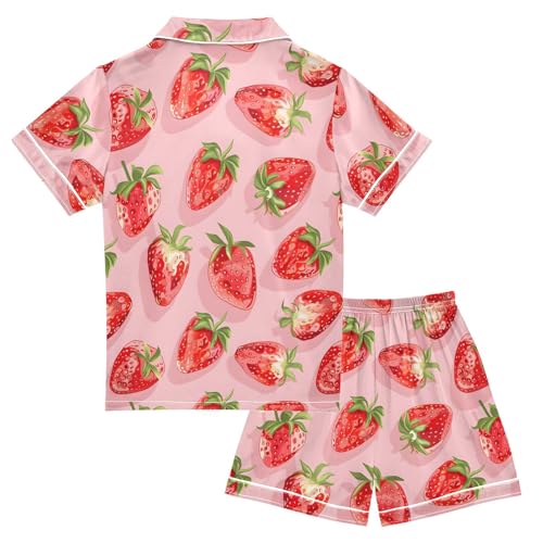 ALAZA Strawberry 3d Satin Pajamas Set Short Sleeve Button Down Sleepwear Summer Pjs 2 Piece2