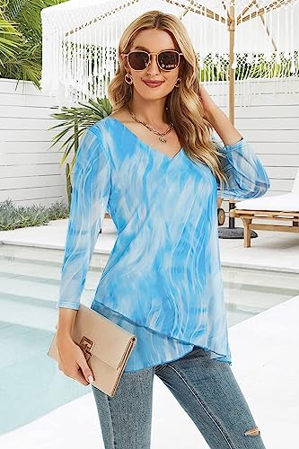 SeSe Code Womens Dressy 3/4 Sleeve Tunic Tops Asymmetric Hem Blouses Lightweight Mesh Shirt2