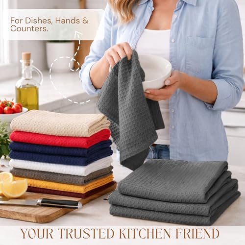 Image of Gray Kitchen Towels - Waffle Weave, 100% Cotton, Soft & Absorbent, Fast Dry, Durable, 16x26 Inches, Perfect for Dish Drying, Bar, Cleaning, and Everyday Use, Set of 12, Grey