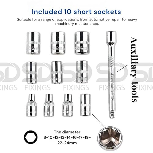 SDFIXINGS 12pcs Metric Socket Drive Set 8-24mm with Quick Release 1/2" Drive Ratchet Wrench 24 Teeth & 5" Extension Bar, High Grade Chrome Vanadium Steel, Rust Resistant, Car Garage Mechanic Home DIY 6 SDFIXINGS 12pcs Metric Socket Drive Set 8-24mm with Quick Release 1/2" Drive Ratchet Wrench 24 Teeth & 5" Extension Bar, High Grade Chrome Vanadium Steel, Rust Resistant, Car Garage Mechanic Home DIY - Image 6