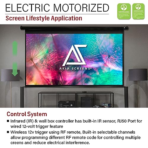 Akia Screens 125 inch Motorized Projector Screen Electric Drop Down Remote Controlled 16:9 8K 4K HD 3D Retractable Ceiling Wall Mount Black Projection Screen Office Home Movie Theater AK-MOTORIZE125H2 - Thumbnail 3