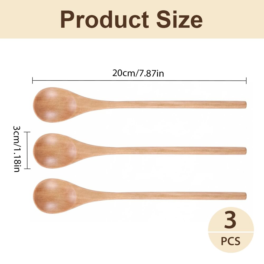 3PCS Wooden Spoons Long Handle Mixing Stirring Utensils 20cm Natural Solid Wood Oval Scoop for Adults Chefs Professionals for Cooking Baking Coffee Honey Jars for Home Kitchen Dining — view 2