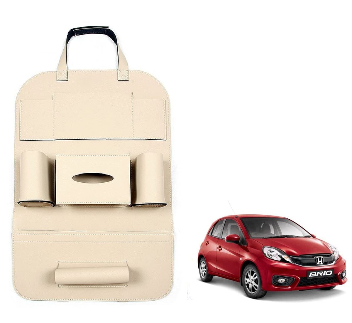 Oshotto Car Backseat Storage Organizer Phone Holder,Multi-Pocket for Bottles, Tissue Boxes,Kids Toy Storage and Great Travel Accessory Compatible with Honda Brio (Brown)