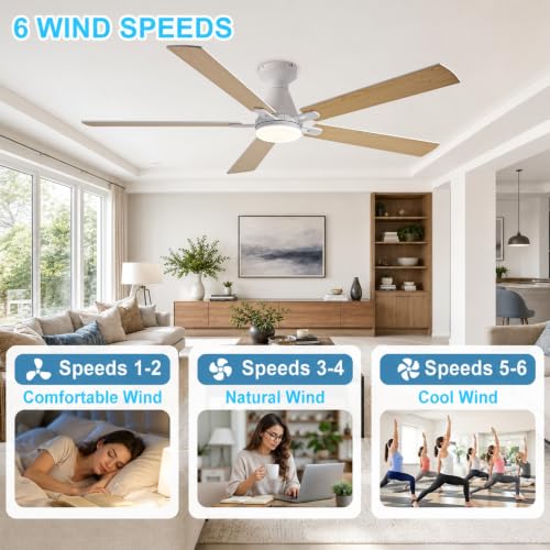 Image of Depuley Modern Ceiling Fan with Light: 52-Inch White Flush Mount Fandelier | Bedroom Indoor Outdoor Use, 5 Reversible Wood Blades, 6 Fan Speeds, Timing Function, Dimmable 3CCT, Remote Control Included