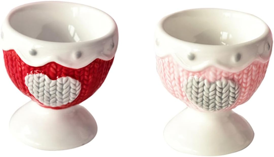 Ceramic Egg Cups Set 2pcs Heart Pattern Egg Holder Stand Red Pink Household Breakfast Rack Dining Table