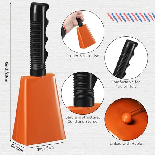 Fiada 12 Pcs Cow Bell 8 Inch Noise Makers for Sporting Events Loud Hand Bell Musical Cheering Cowbell with Handle for Football Classroom Graduation School Events (Orange)