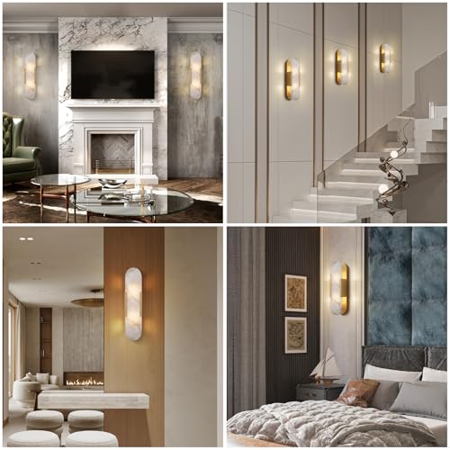 Image of Alabaster Wall Sconces Set of 2,19.7'' Brass Wall Sconce Natural Marble Wall Sconce for Bathroom, Indoor Modern Wall Light Fixtures for Living Room Hallway Stairs Vanity Bedside, Gold