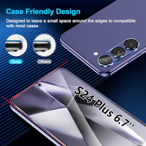 Image of firtstnow 3 Pack for Samsung Galaxy S24 Plus Screen Protector Tempered Glass + 3 Pack Camera Lens Protector, Military Grade Shatterproof, 9H Hardness, Fingerprint Unlock, Case Friendly 6.7 Inch