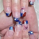24Pcs 4th of July Press on Nails Short Square Fake Nails Red Blue French Tip False Nails Reusable American Flag Artificial Nails Full Cover Glue on Nails Independence Day Stick on Nails for Women DIY