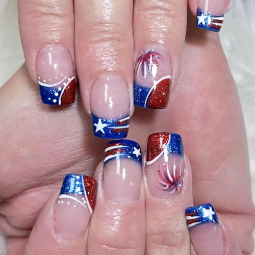 24Pcs 4th of July Press on Nails Short Square Fake Nails Red Blue French Tip False Nails Reusable American Flag Artificial Nails Full Cover Glue on Nails Independence Day Stick on Nails for Women DIY