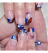 24Pcs 4th of July Press on Nails Short Square Fake Nails Red Blue French Tip False Nails Reusable...