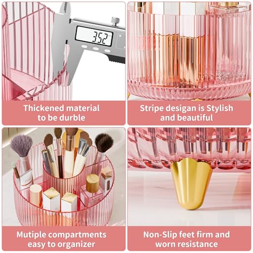 Image of Clear Rotating Makeup Organizer Countertop for Vanity, 360 Makeup Brush Holder Organizer with 5 Compartments, Transparent Cosmetic Storage for Lipstick, Skincare, Bathroom Counter (Transparent Pink)