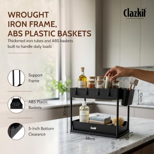 Image of Clazkit 2-Tier Under Sink Organizer for Kitchen & Bathroom | Pull-Out Cabinet Storage Rack with Hooks & Hanging Cup | Multi-Purpose Organizer for Cleaning Supplies, Toiletries & Accessories | Black