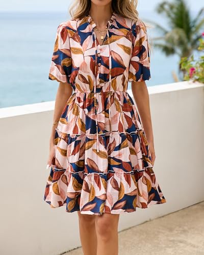 Image of BTFBM Women Summer Floral Short Dresses V Neck Short Sleeve Tiered Ruffle Boho Swing Dress A-Line Mini Dresses
