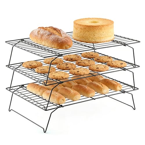3-stöckiges Abkühlgitter 35 × 25 cm Stapelbar Kuchengitter mit Antihaftbeschichtung Platzsparender Faltbarer Kuchenrost Set für Muffins Kuchen Kekse Plätzchen und Brot - Spülmaschinengeeignet
