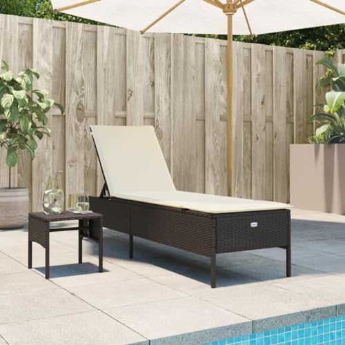 Tidyard - Tumbona con mesa y cojín marrón, resina trenzada, respaldo ajustable, tumbona reclinable para jardín, exterior, cama de jardín, tumbona de playa, relax para terraza